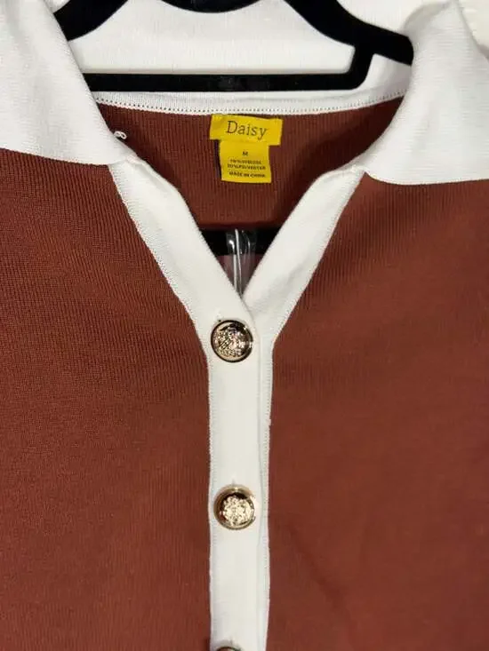 Daisy Two-Piece Knit Skirt Set Brown with White Contrast Trim and Gold Buttons - Picture 5 of 7